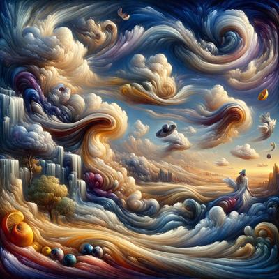 The primary subject of the image is a painting of a woman standing on a beach. The setting is a beach with a cloudy sky, and the visual style is a digital art painting. The colors and mood of the painting are predominantly blue and orange, creating a vibrant and dynamic atmosphere.